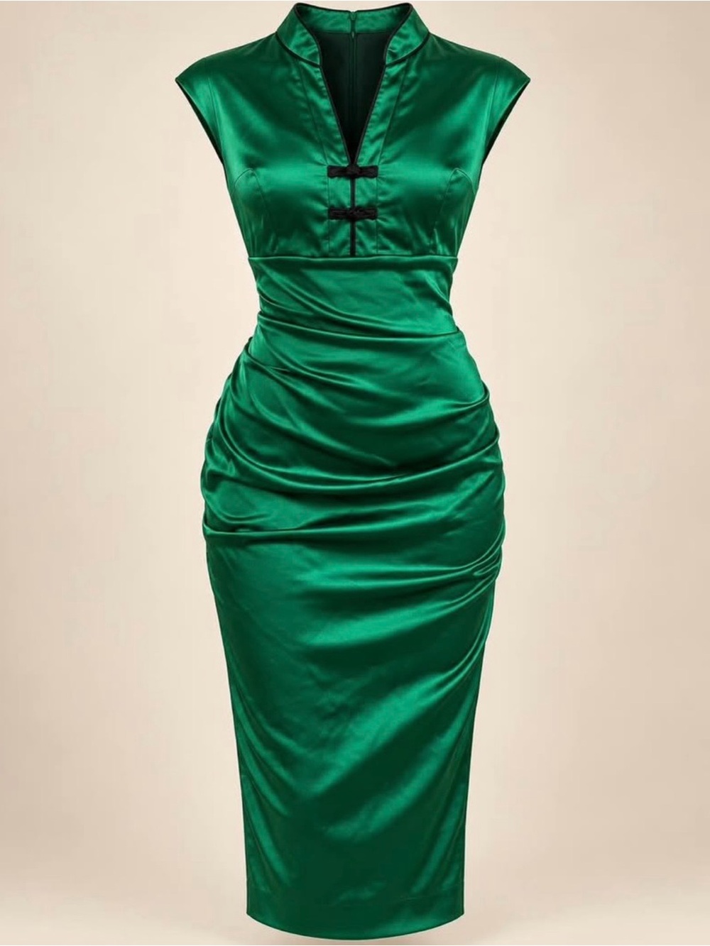 Emerald Satin Sheath Dress with Mandarin Collar vintage le chateau chic y2k